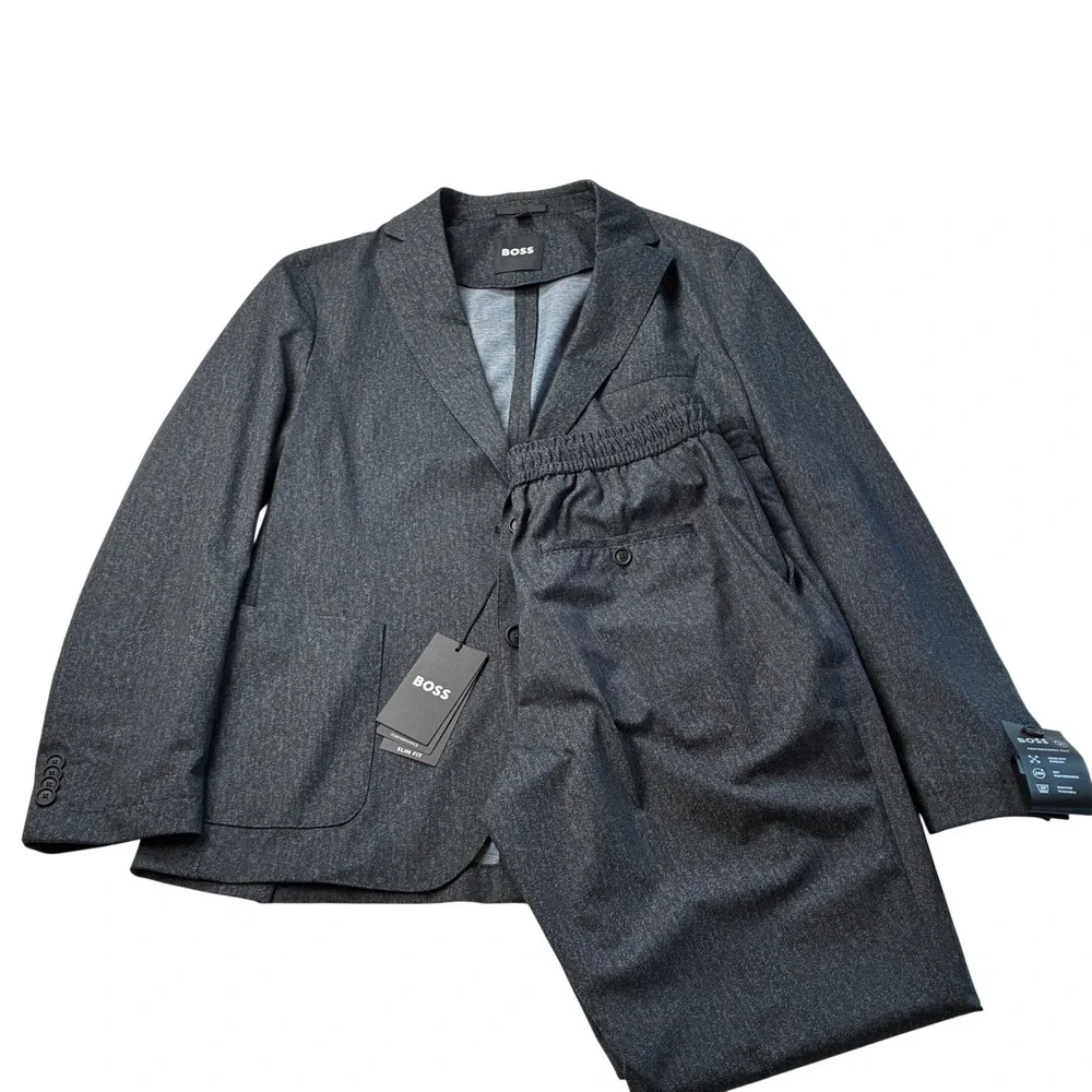 BOSS P-Hanry Performance Suit Slim Fit Black Blazer Drawstring Pants Travel